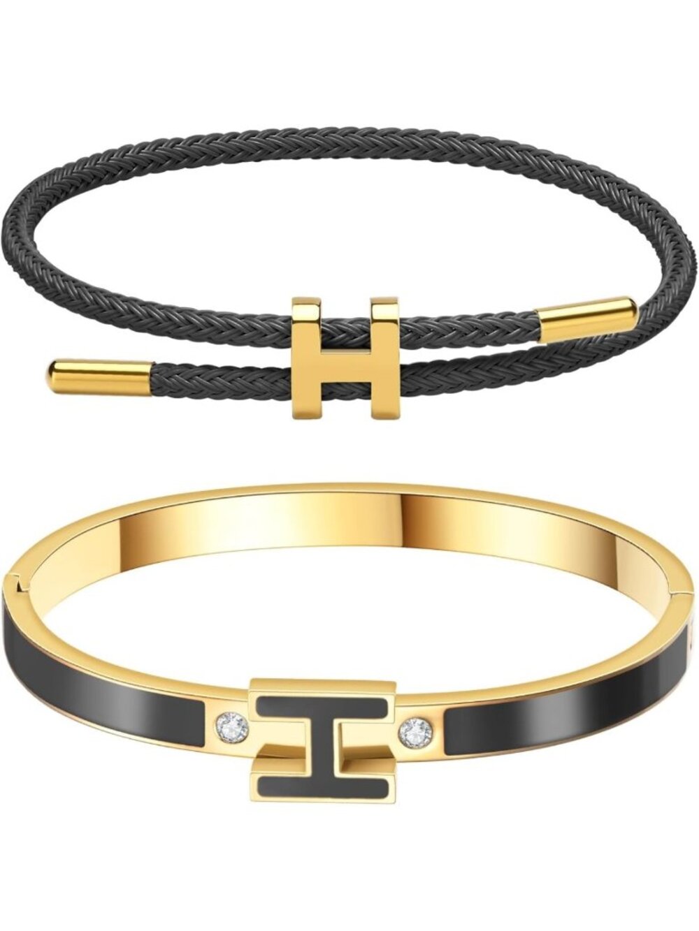 Elegant 18K Gold Plated H Bracelets Set for Women - Bangle & Wire Rope Gift Set